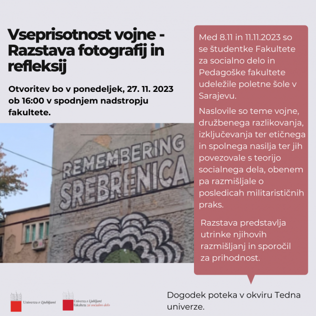 Vseprisotnost vojne<br />
Razstava fotografij in refleksij iz poletne šole v Sarajevu<br />
